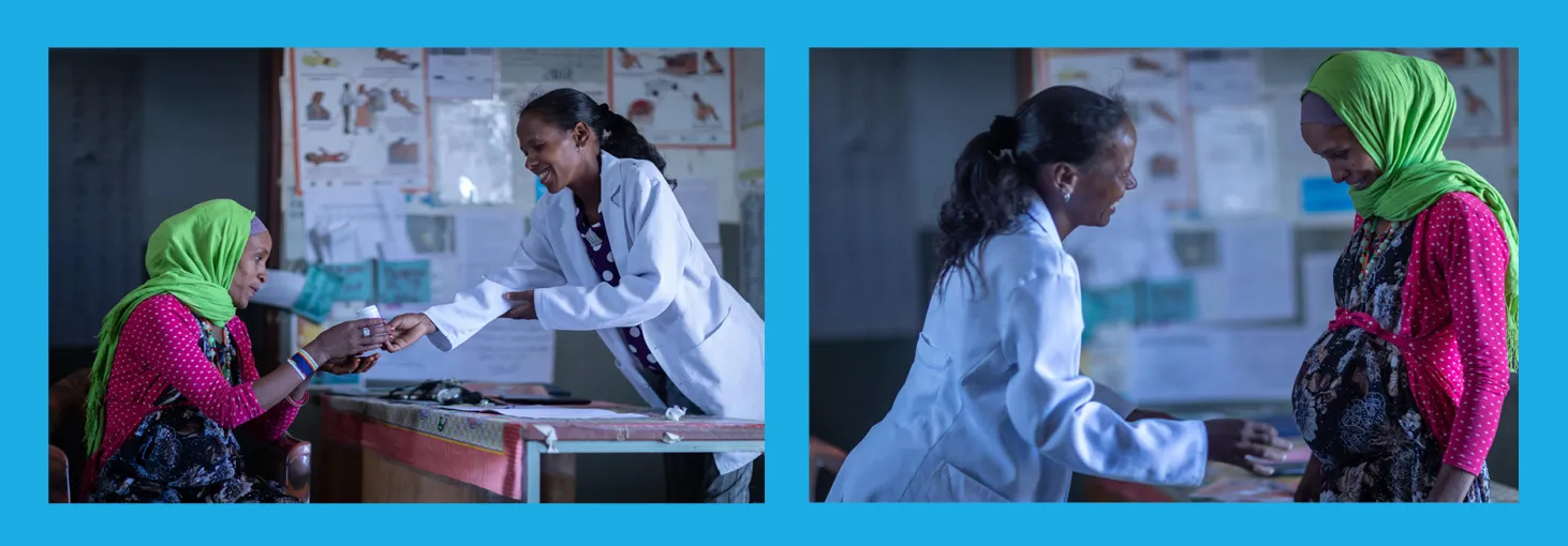 Two photos side by side. Photo on the left shows a nurse handing out medicine over a desk to a pregnant woman seated on the other side of the table. The photo on the right shows the nurse doing a check up on the pregnant woman with a stethoscope. 