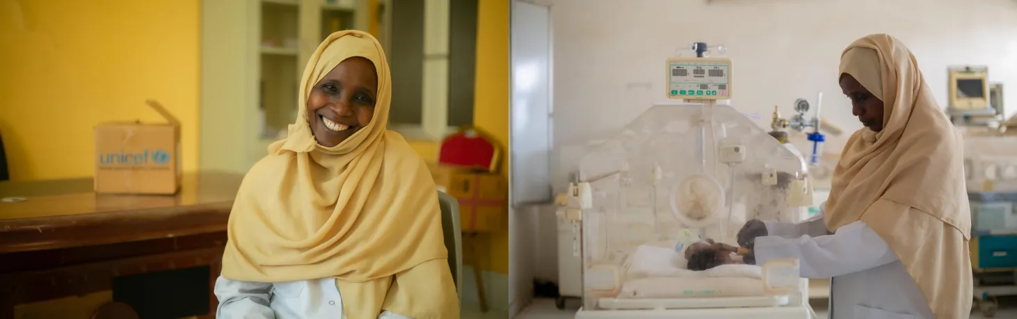 Sur la photo de gauche, une femme portant un voile jaune sourit à la caméra. En arrière-plan, une boîte UNICEF est posée sur la table. Sur la photo de droite, la même femme, portant un voile jaune, est visible de son profil latéral gauche. Elle assiste un bébé dans une boîte de soins intensifs néonatals devant elle, avec les bras tendus à l'intérieur. Des moniteurs l'entourent. Ces photos ont été prises au Soudan.