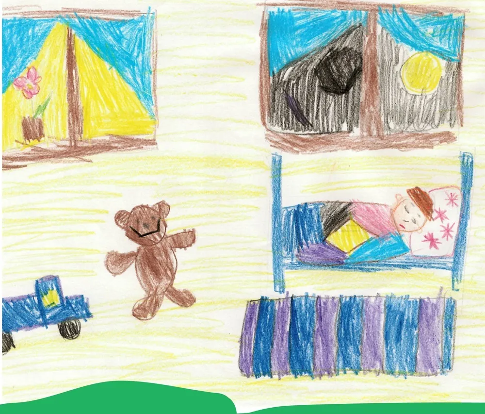 Drawing of a child sleeping in bed. Below the drawing is text that says: “I dream to sleep through the whole night without air-raid alarms”.