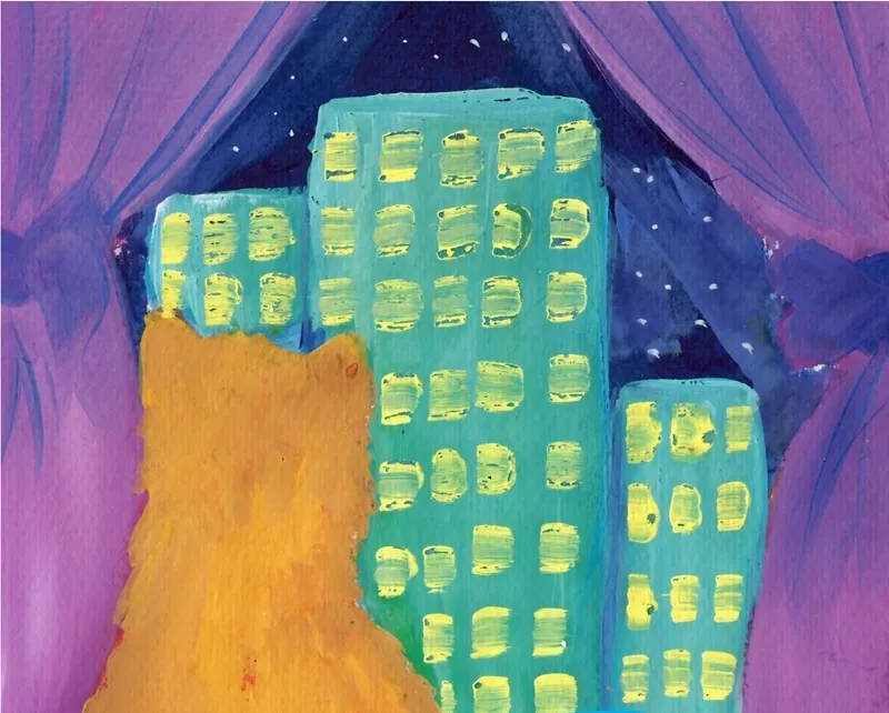 Drawing of a cat looking out the window at buildings. Below the drawing is text that says: “I dream to always have light and quiet nights in our country” .