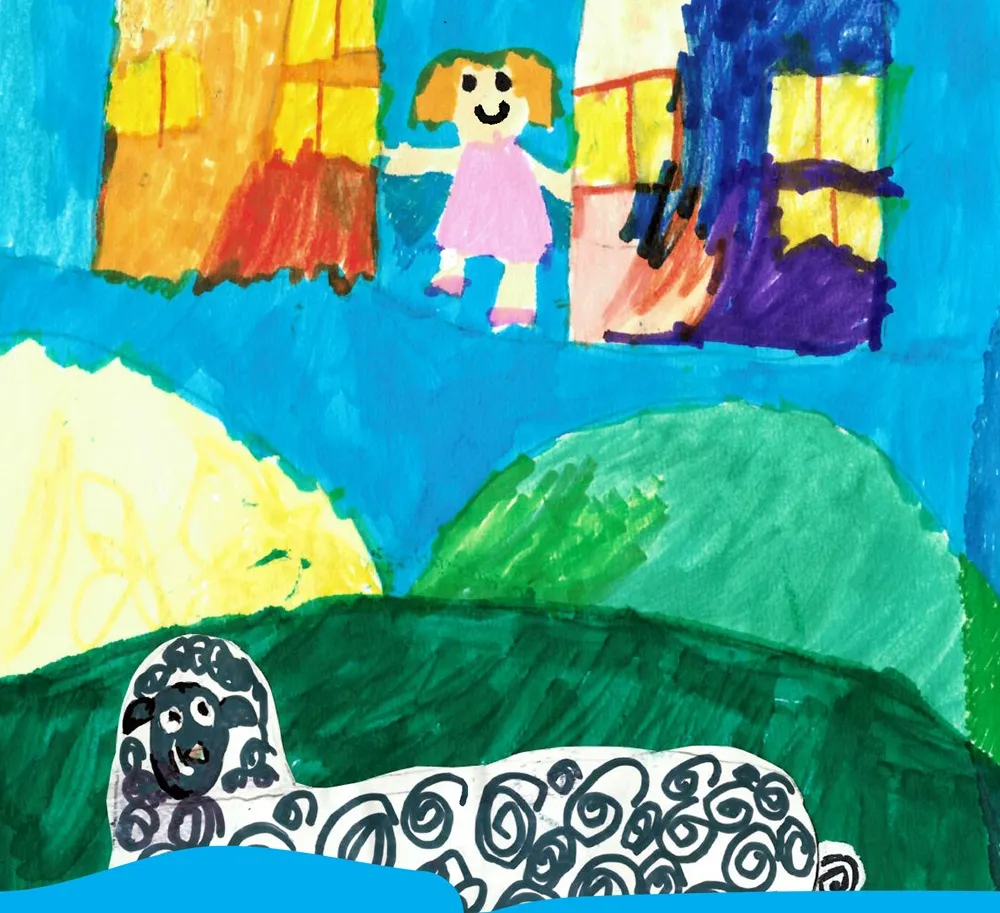 Drawing of a child looking at a sheep. Below the drawing is text that says: “I dream for the war to end and for everyone to stay alive people and animals”.