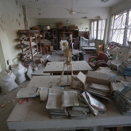 A classroom in Idlib is in ruins following an attack.