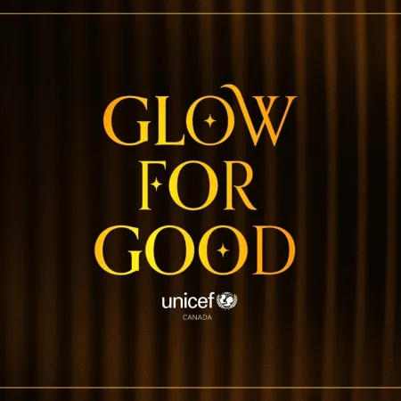 Gold “GLOW FOR GOOD” text centered over dark velvet curtains, with an ornate border and UNICEF Canada logo, creating a warm, elegant tone.