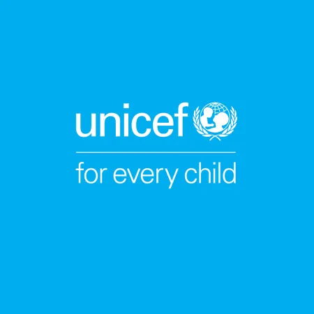 UNICEF logo in white with a cyan background