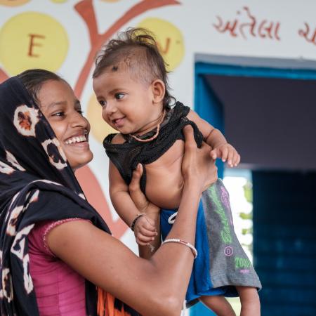 A happy Naina Patel with her daughter at Mamta Diwas(VHND) at Chanota Fadia, AW Baria, Gujarat as routine immunisations and checkups resume post covid lockdown