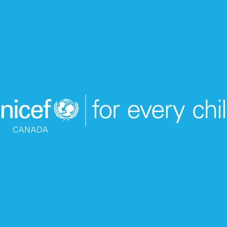 white text with UNICEF Canada logo on blue background