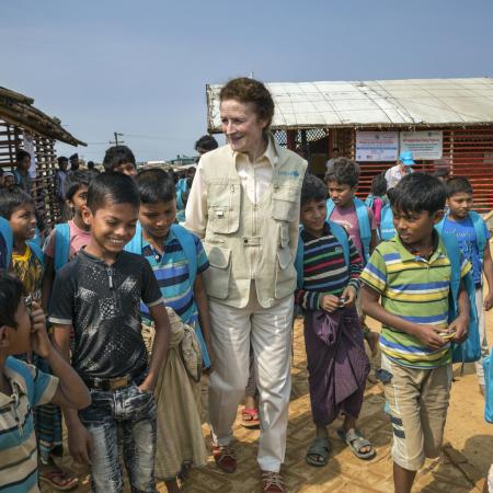 In Cox's Bazar, Bangladesh UNICEF Executive Director Henrietta H. Fore interacts with children