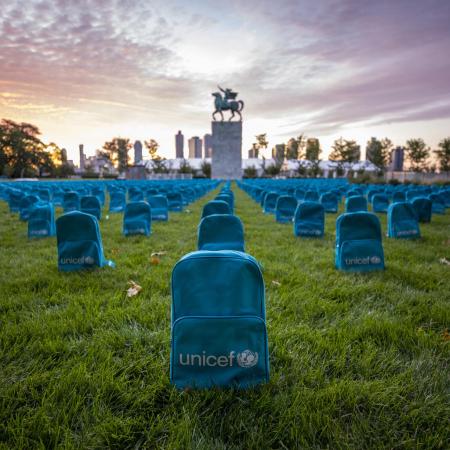 A UNICEF installation highlighting the grave scale of child deaths in conflict during 2018 on the North Lawn at the United Nations Headquarters.