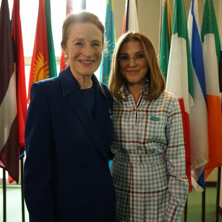 Executive Director of UNICEF Henrietta Fore posing for photo with Goodwill Ambassador Millie Bobby Brown at World Children's Day event in 2019.