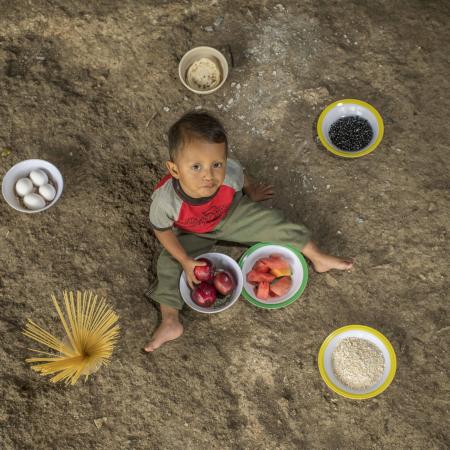 Hender Jonathan Godínez Hernandez, 23 months old, eats an apple and poses on the floor of the patio of her house. In the dishes there are beans, tortillas, rice, tomatoes, eggs, pasta and fruits. These foods are what his mother usually includes in his diet.