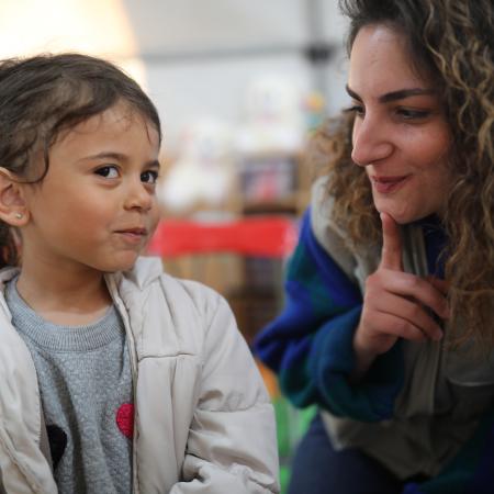 Little Elanur joins a psycho-social support activity at UNICEF supported CFS in Kahramanmaraş, Türkiye.