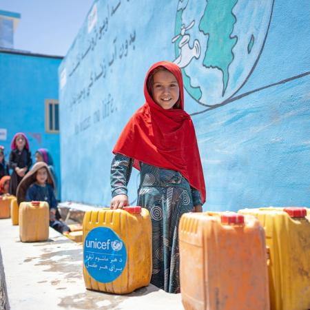 Eight-year-old Hatima is photographed at a UNICEF-supported water point in Noorkhail village, Muqur District in Badghis Province, Afghanistan.
