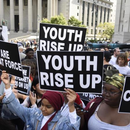 September 2019 in New York City, youth climate activists join in a demonstration calling for global action to combat climate change.