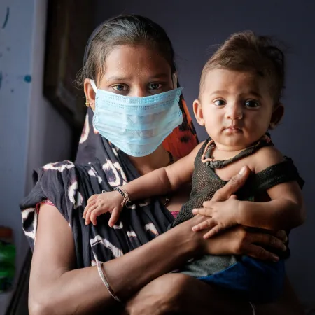 A happy Naina Patel with her daughter at Mamta Diwas(VHND) at Chanota Fadia, AW Baria, Gujarat as routine immunisations and checkups resume post covid lockdown.