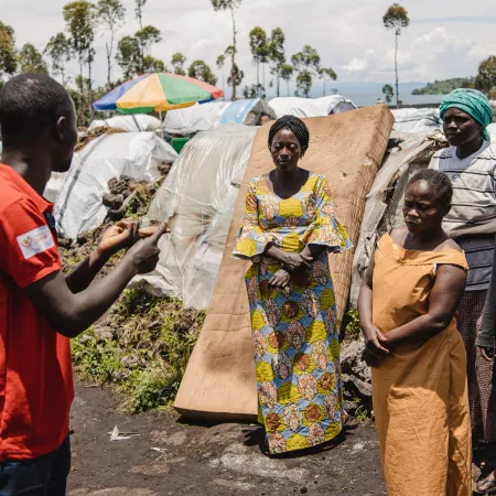 Bazapa Bageta is a first-aid volunteer with the Red Cross, a UNICEF partner organization in Bulengo, North Kivu province, DR Congo. He raises awareness among displaced people to combat cholera and water-borne diseases.