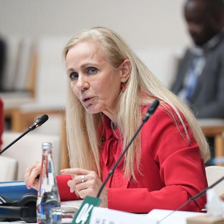 Kitty van der Heijden speaking at an event. 