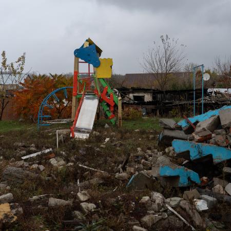 October 29, 2023,  Izium, Kharkivska oblast, Ukraine. A playground, damaged by the shelling.