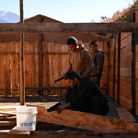 On 3 February 2024 at the Shree Jana Bikash Primary School in Aathbiskot Municipality in Rukum West District in western Nepal, views of a Transitional Learning Centre being constructed on the premises with UNICEF support.