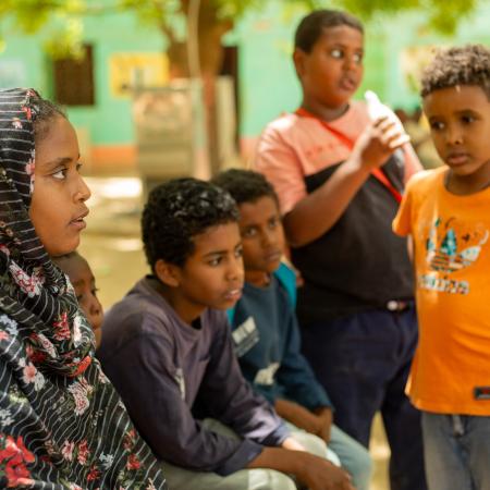 11-year-old Amna with her peers at the UNICEF supported Alshargia safe learning space or Makanna in Kassala state, Sudan.