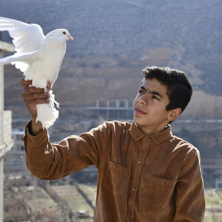Mohammed, 15, gently holds a bird he has raised on the roof of his home in Bseimeh village, Rural Damascus, Syria
