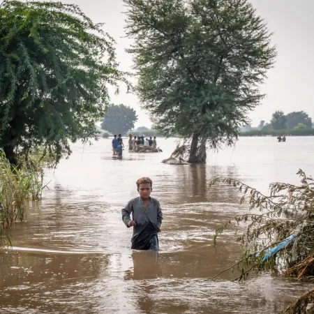 A boy walks across water in a flooded field.