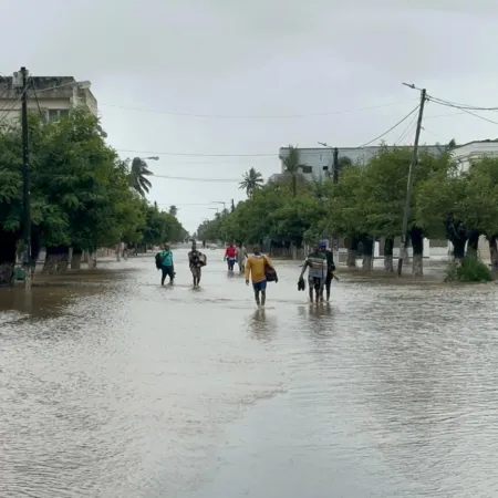 A flooded urban street with submerged road, people wading through knee-deep water, overcast skies, and trees lining the street, conveying a somber mood.