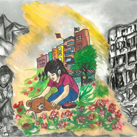 A drawing of a girl in colorful clothes playing with a teddy bear among flowers. The backdrop shifts from war-torn black-and-white to colorful urban life, contrasting despair with hope.