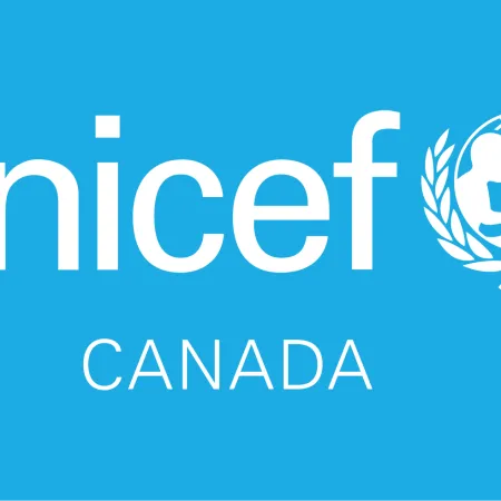 White UNICEF Canada logo with a cyan background