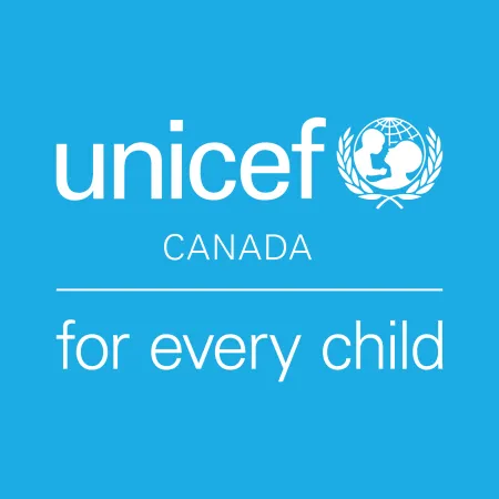 white text and logo for UNICEF Canada on blue background