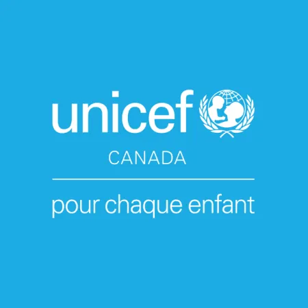 UNICEF Canada logo in white with a cyan background