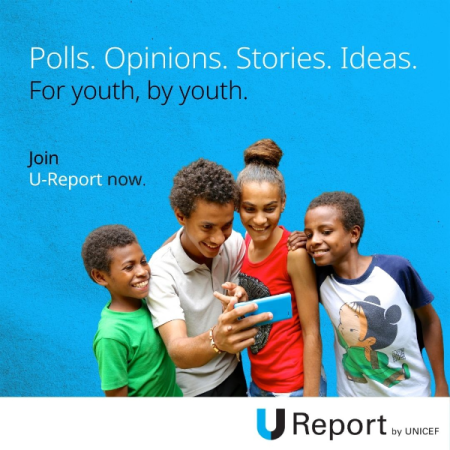 Group of youth, using an electronic device with text on top right, Polls, Opinions, Stories, Ideas. For Youth, by Youth.