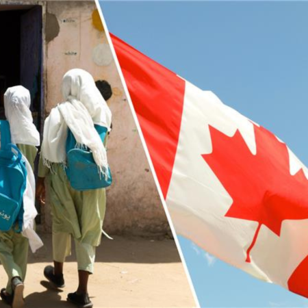 Two students walking to school and the Candian flag.