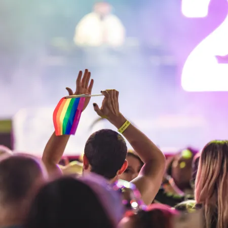 A crowd cheering and dancing at a Pride Festival. 