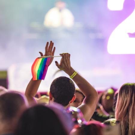 A crowd cheering and dancing at a Pride Festival. 