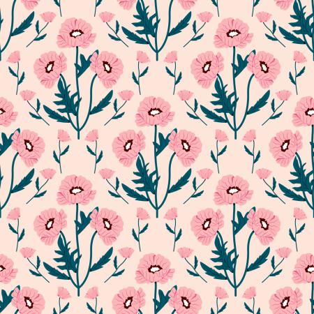 Flower pattern of pink flowers with green stems and leaves.