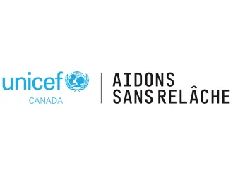 White background with a cyan UNCIEF Canada logo and text on the right reading Aidons Sans Relache
