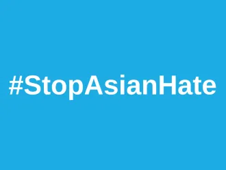 Blue background with white text; stop asian hate