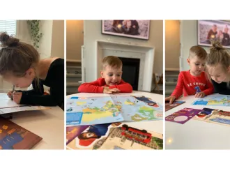 A collage of children opening Paddington's Postcard in their living room. 