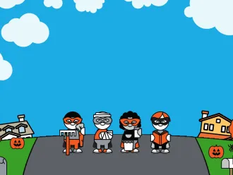  L’image montre les quatre personnages qui marchent dans leur quartier. 