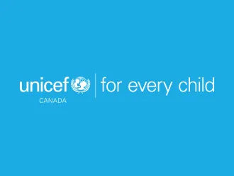 white text with UNICEF Canada logo on blue background