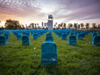 A UNICEF installation highlighting the grave scale of child deaths in conflict during 2018 on the North Lawn at the United Nations Headquarters.