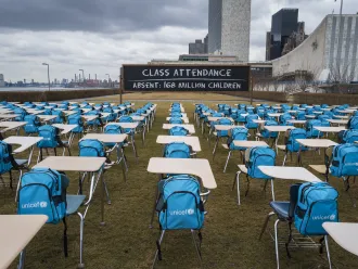 On 1 March 2021, a view of UNICEF’s ‘Pandemic Classroom’ installation at United Nations Headquarters in New York, United States of America.