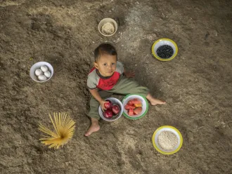 Hender Jonathan Godínez Hernandez, 23 months old, eats an apple and poses on the floor of the patio of her house. In the dishes there are beans, tortillas, rice, tomatoes, eggs, pasta and fruits. These foods are what his mother usually includes in his diet.