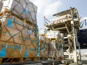 Kabul, 29 September 2021 - The first aircraft carrying UNICEF lifesaving medical supplies arrived today in Kabul through the European Civil Protection and Humanitarian Aid Operations (ECHO) Airbridge. 32 metric tonnes containing essential drugs, oral rehydration salts and antibiotics, medical and surgical supplies were flown in today covering the needs of 100,000 children and women for the next three months. 