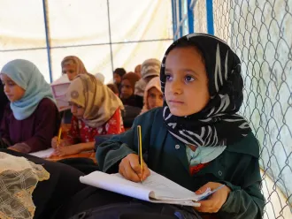 Children in a classroom for the ECHO funded UNICEF's catch-up classes programme in one of the IDP camp in Marib, Yemen.