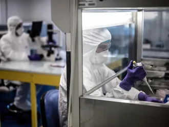 Scientists are at work in the VirPath university laboratory, classified as "P3" level of safety.