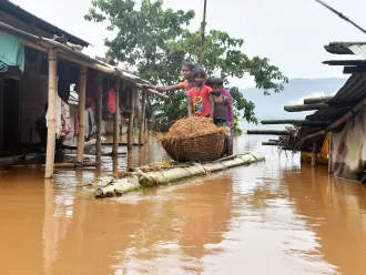 A woman carries straw for her cattle on a raft through flood waters at Sarumariparvat village in Morigaon district on July 22, 2020. Photo by Biju Boro