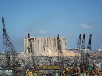 On 6 August 2020, widespread destruction is seen at the port area of Beirut, Lebanon following a massive explosion that took place two days prior.