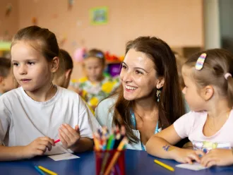 Regina De Dominicis, UNICEF Regional Director for Europe and Central Asia, is communicating with preschool children during her visit to "Lisova Pisnya" - one of the kindergarten, supported by UNICEF.