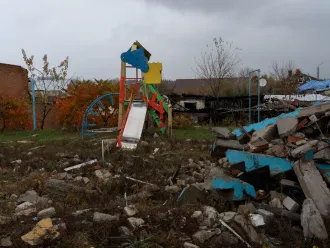 October 29, 2023,  Izium, Kharkivska oblast, Ukraine. A playground, damaged by the shelling.